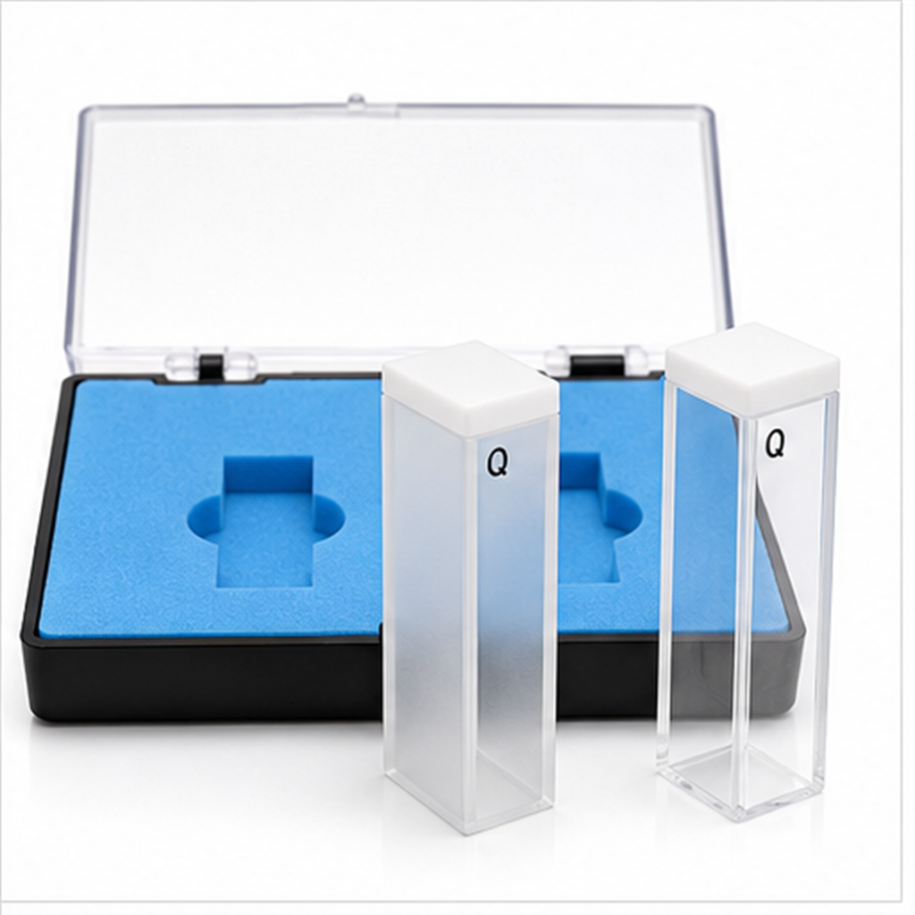 Standard 2-Window and 4-Window UV Quartz Cuvettes with Black Q Mark in Blue Foam Case