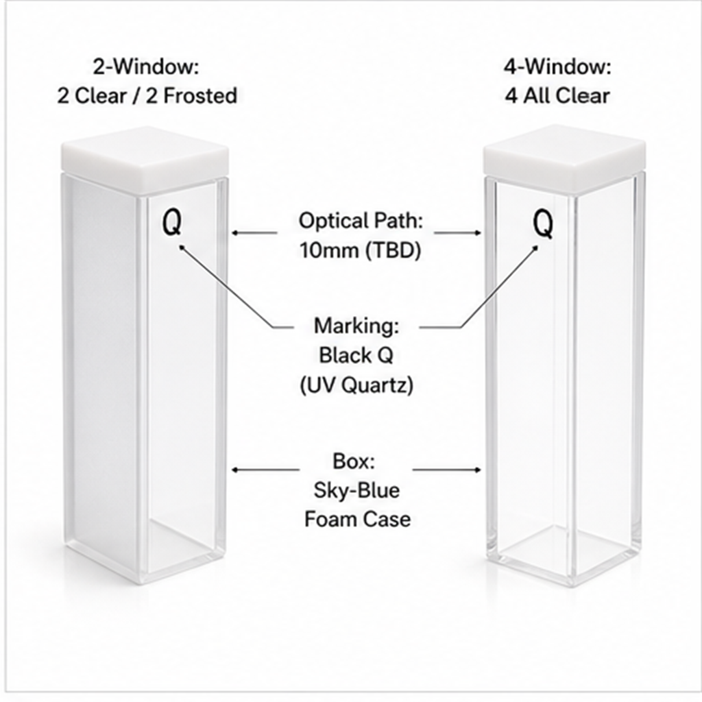Standard 2-Window and 4-Window UV Quartz Cuvettes with Black Q Mark in Blue Foam Case