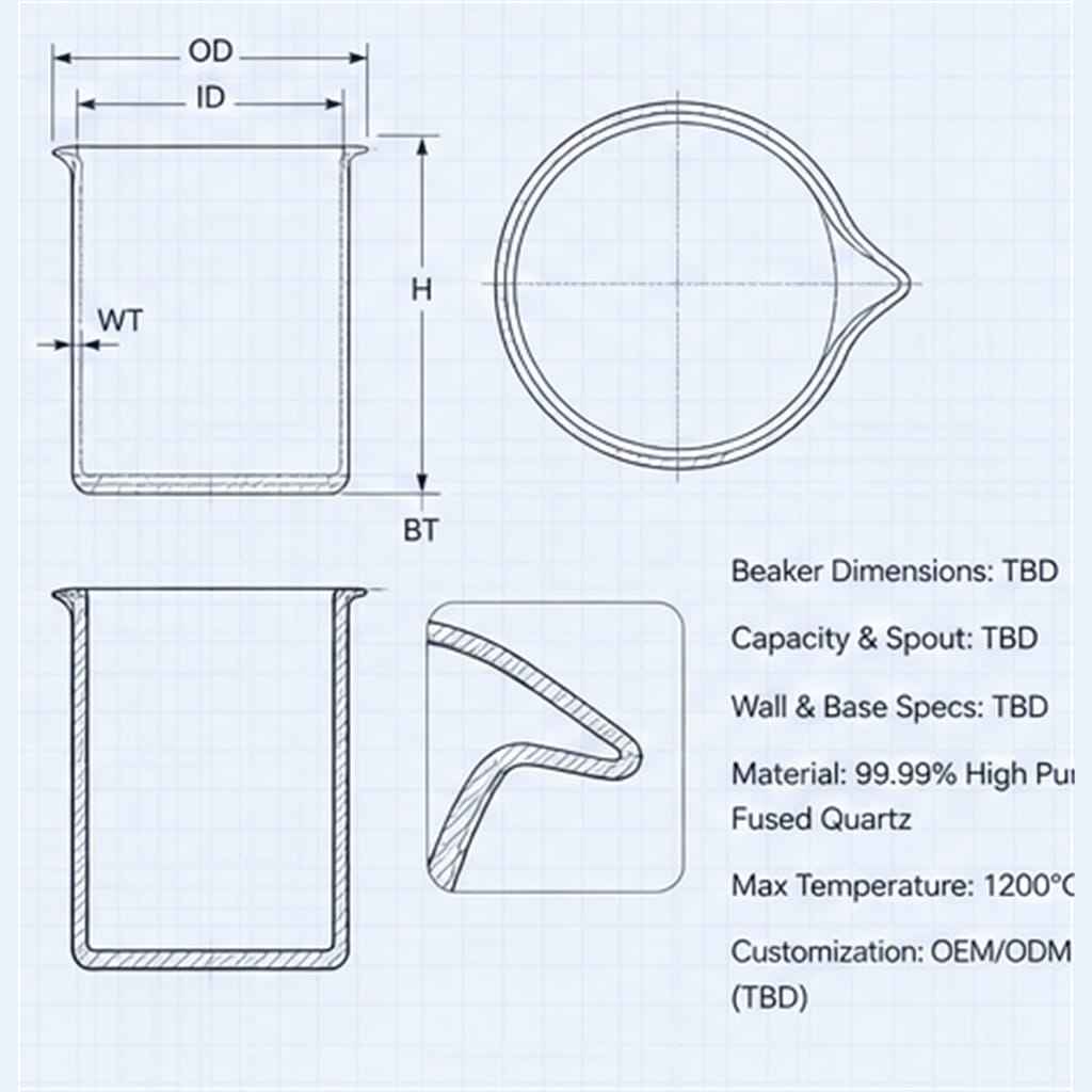 Clear Fused-Quartz Laboratory Beakers with Molded Pouring Spout for Acid-Resistant Chemical Heating