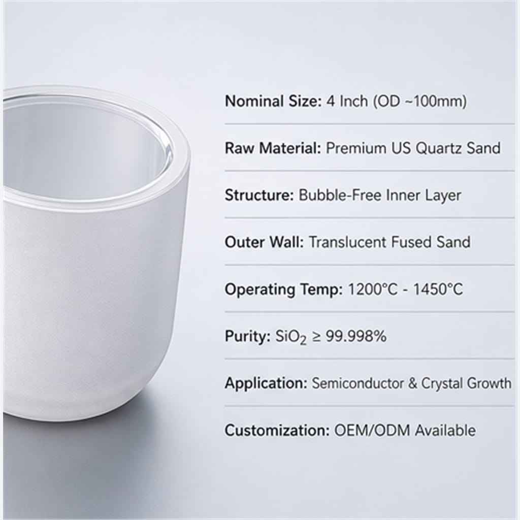 4-Inch US Sand Fused-Quartz Crucibles with Bubble-Free Inner Layer for Silicon Crystal Growth Melting